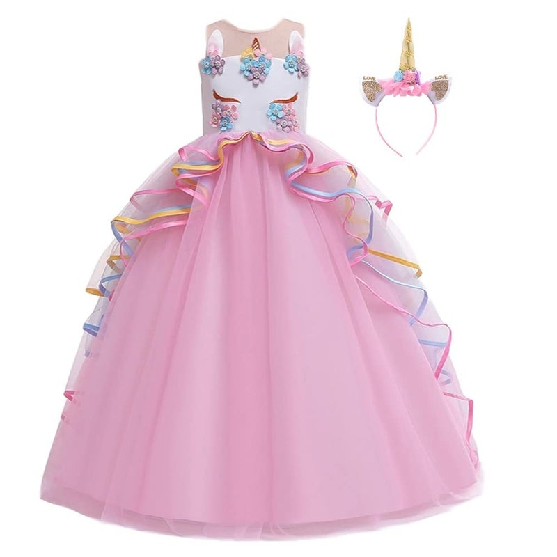 HIHCBF Girls Unicorn Costume Pageant Princess Party Dress Wedding Birthday Halloween Carnival Long Maxi Gown w/Headband Pink 4-5T - Image 1